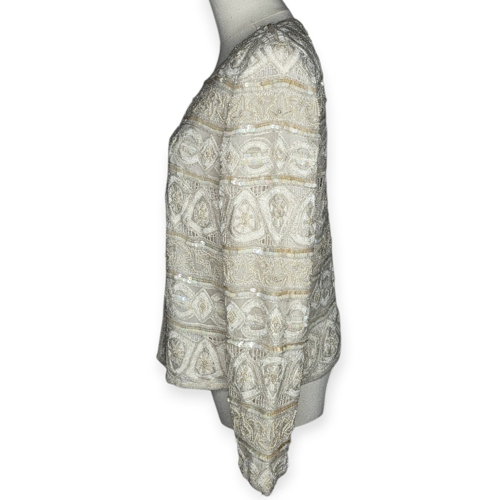 Vintage Scala Silk Beaded Sequin Jacket Ivory Small 80s 90s - Picture 6 of 15